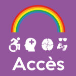 Icon with a rainbow, wheelchair user and other symbols with word access